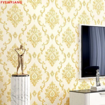 Avrupa Tarzı Lüks dokunmamış Duvar Kağıtları Yatak Odası Oturma Odası 3D Şam Arka Plan Olmayan kendinden yapışkanlı duvar kağıdı FYSWPJANG