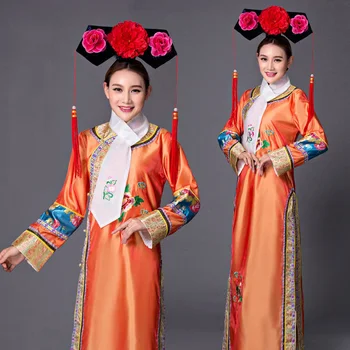 Çin Kostüm Hanfu Qing Hanedanı Mançu Cariye Prenses Mahkemesi İşlemeli Cheongsam Antik Prenses Cosplay Kostüm