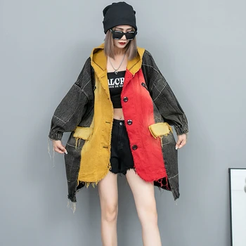 Kovboy kapüşonlu ceket Kadın 2023 İlkbahar Sonbahar Rahat Düzensiz Ekleme Renk Orta uzunlukta Denim Hırka Ceket