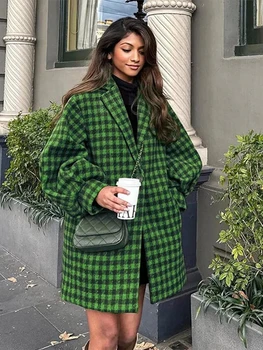 Vintage Yeşil Ekose Sıcak Yün Ceket Kadın Kış Gevşek Kalınlaşmak Yaka Palto Ceket Bayan Civciv Yün Ceket Kadın Dış Giyim