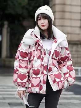 Moda Kış Kapşonlu Pamuk Yastıklı Ceketler Mont 2022 Kore Yeni Baskı Renk Kontrast Kadın Dış Giyim Gevşek Kalınlaşma Temelleri