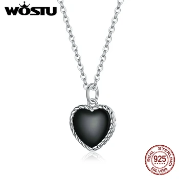 WOSTU 925 Ayar Gümüş Siyah Kalp Akik Kolye Uzun Zincir Bağlantı Kolye Kadınlar Için moda takı CQN443