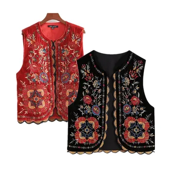 2023 İlkbahar ve Yaz Kadın Kolsuz Yelek Ceket Vintage Moda O-boyun Kısa Yelek Rahat Sokak İşlemeli Yelek Kadın Üst