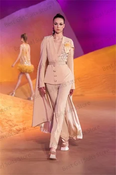 Tasarımcı Pelerin 2 Adet Kadın Takım Elbise Düğün Blazer + Pantolon Aplike Boncuklu Ceket Resmi Özel Günler Balo Elbise Custom Made