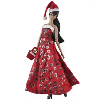 1: 6 Mutlu noel kıyafeti için barbie bebek Elbise BJD FR SD Giysileri Kırmızı Kapalı Omuz Elbisesi Şapka Çanta 11.5 