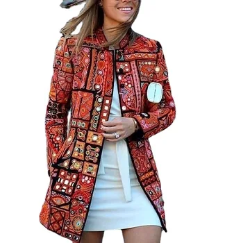 Sonbahar kadın dijital baskılı orta uzunlukta hırka ceket