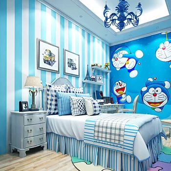 Akdeniz mavi duvar kağıdı dokunmamış yatak odası çocuk odası Doraemon jingle kedi tema mavi dikey şerit duvar kağıdı