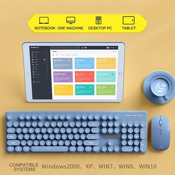 Daire düğmesi mavi Şarj Edilebilir Bluetooth Kablosuz 2.4 G Klavye Fare Seti tam Size104 Tuşları Dilsiz Klavye Windows PC İçin iPad