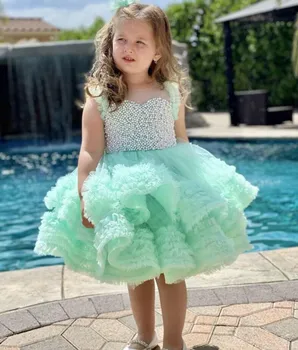 Yeşil Prenses Elbise İnciler Boncuklu Kabarık İlk Communion Elbise Çiçek Kız Elbise Sevimli Çocuk Kız Elbise İlk Doğum Günü