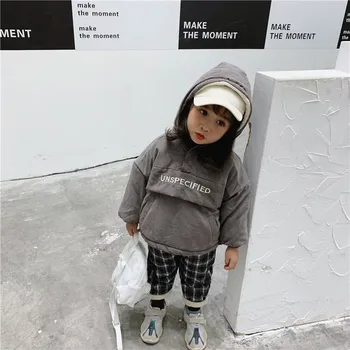 Kış Çocuk Giysileri Erkek Kız Parkas Bebek Kalın Giyim Casaco Inverno Infantil Kadife Kapşonlu Mektup Baskılı Bej Gri Ceket