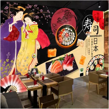 Japon Tarzı Suşi Fuji Dağ Kiraz Çiçeği Arka Plan duvar kağıdı 3D Japon Mutfağı Suşi Restoran Duvar Kağıdı 3D
