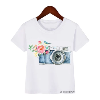 Vintage Suluboya Kamera Baskı T-shirt Komik Çocuk Giysileri Erkek Kız Kız Kawaii Çocuk Giysileri Beyaz kısa kollu tişört