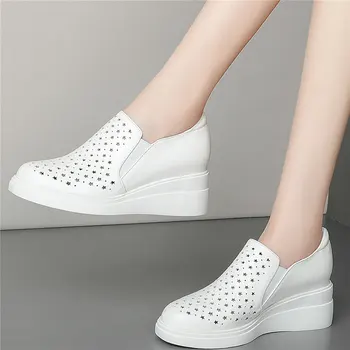 2023 Yaz Ayakkabı Pompaları Kadınlar İçi Boş Hakiki Deri Takozlar Yüksek Topuk yarım çizmeler Kadın Yuvarlak Ayak Moda Ayakkabı rahat ayakkabılar