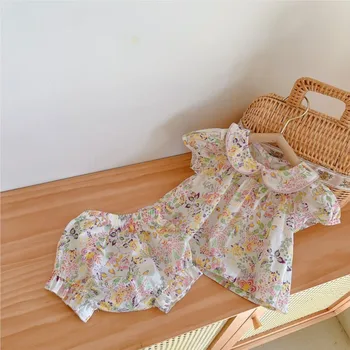 Yaz 2023 Kore Yenidoğan Kız 2 adet Giysi Set Bebek Yaka Baskılı Çiçek Kısa Kollu Elbise Üst Pamuk Şort İnce Takım Elbise