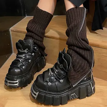 Örgü Mizaç Düz Renk Çizme Çorap Baggy Diz Kollu Kore Tarzı Çorap Fermuar Ayak Çorap Kadın bacak ısıtıcıları