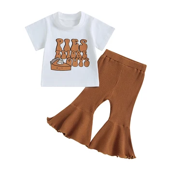 Bebek Kız İki Parçalı Kıyafetler Mektup Baskı kısa kollu tişört ve Elastik Flare Pantolon Yaz Sevimli Giysiler