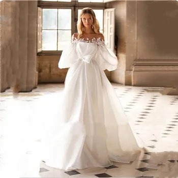 2021 Beyaz Fildişi Bir Çizgi düğün elbisesi Saten Revomable Ceket Puf Kollu Yay Ön Zarif Basit gelinlikler Sweep Tren