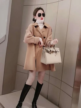 2022 Kadın Kış Yeni Kore Yün Ceket Moda kadın Rahat Sıcak Katı Gevşek Uzun Kollu Kadın Uzun Yün Ceket E79