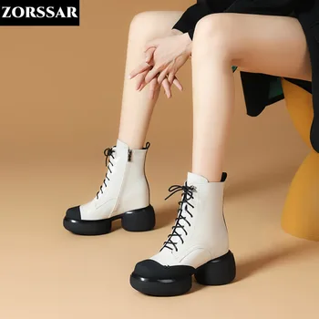 INS kadın yarım çizmeler Gerçek İnek Deri Tıknaz Ayakkabı Kadın Platformu Yüksekliği Artan Sneakers 10CM Kalın Tabanlı Takozlar Patik