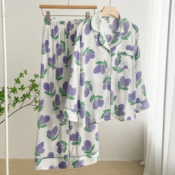 Baskı Çiçek Kadın Pijama Seti Bahar Sonbahar Uzun Kollu Pijama Pijama Takım Elbise Rahat Gevşek İpek Saten Ev Giyim Kıyafeti