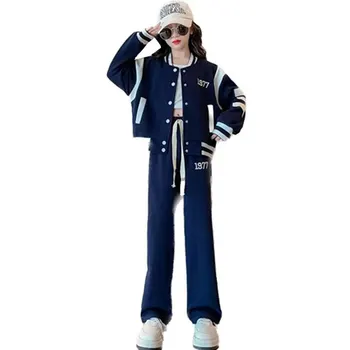 Sonbahar Kız Elbise Takım Elbise 2023 Okul Spor Beyzbol Ceket + Pantolon 2 Adet Set Kolej Tarzı Çocuk Giyim Genç Kız Eşofman