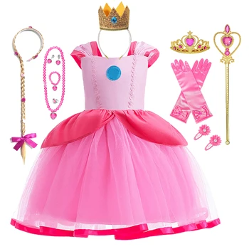 Kızlar Prenses Şeftali Fantezi Kostümleri Cadılar Bayramı Cosplay Bebek Çocuk Fantezi Parti Şeftali Pembe Elbise Elbise 1-8 Yıl
