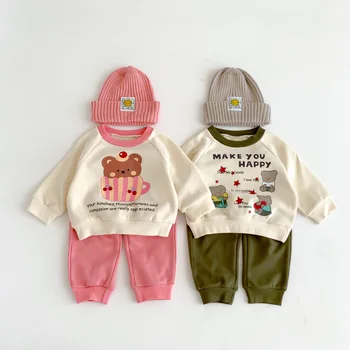 Sevimli Ayı Baskı Bebek Uzun Kollu Giyim Seti Çocuk Rahat Kazak 2 adet Takım Elbise Bebek Erkek spor pantolonlar Seti Çocuklar Kıyafetler