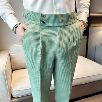 2023 Yeni Waffle Moda Yüksek Bel erkek pantolon İş Slim Fit Rahat Seti Pantolon erkek Kore İlkbahar / Yaz Sosyal Pantolon
