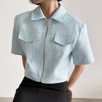 2023 Yaz Yeni Gelgit Yıpratır Kısa Kollu Kadın Yaka Sahte Cep Ceket Kore Moda Mavi Fermuar Ceketler Ceket