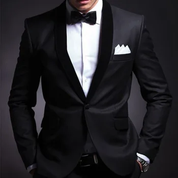 Siyah Düğün Smokin Damat için 2 Parça slim fit uzun kollu erkek gömlek Takım Elbise Seti Şal Yaka Özel Balo İş Erkek Arkadaşı Ceket pantolon 2022