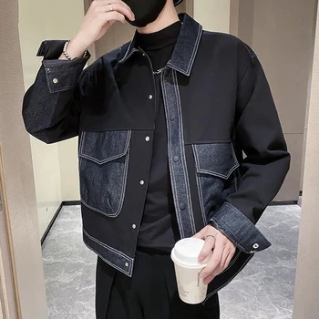 Erkek Kot Ceket Ekleme Kargo Büyük Cepler Denim Ceketler Sonbahar Yeni Kore Gevşek Kare Yaka Casual Palto Streetwear