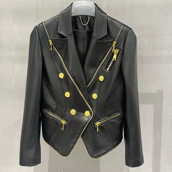 23 Doğal Koyun Derisi kadın ceketi Vintage Kruvaze Şık Fermuar Motosiklet Hakiki Deri Ceket Bel İnce moda üst giyim