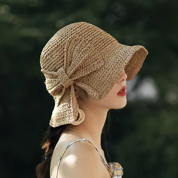 2022 Yeni 100 % Rafya Yay güneş şapkası Geniş Brim Disket yazlık şapkalar Kadınlar için Plaj Panama Hasır Kubbe Kova Gölge Şapka Bayanlar Kapaklar