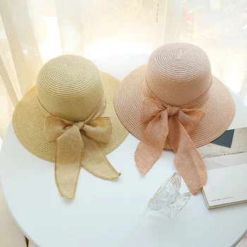 Yeni Yaz Kadın Hasır Şapka İlmek Geniş Brim Disket Katlanabilir panama şapkası Yetişkin Açık Düz Üst Şerit Plaj Kap