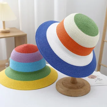 Hasır Şapka Kadın Yaz Moda Gökkuşağı Dikiş Çizgili güneş şapkası Seyahat Plaj Güneş Koruyucu Kağıt Hasır Şapka Unisex Balıkçı şapkası