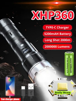 5200mAh XHP360 2000000LM LED el feneri 36 Çekirdekli Meşale XHP199 XHP50 Şarj Edilebilir Taktik Flaş ışığı 26650 Kamp Lambası Fener