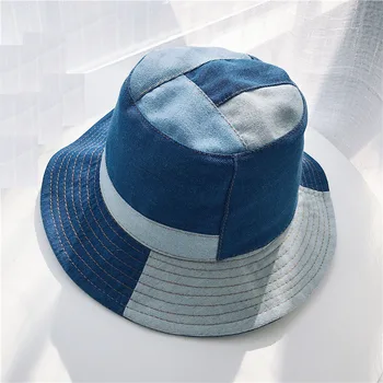 Kova Şapka Kadın yazlık şapkalar ve Kapaklar Patchwork Yıkanmış Denim Kova Şapka Hop Katı Geniş Ağızlı Pamuklu Plaj balıkçılık şapkası Panama