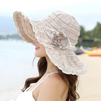 Kadın Yaz Şapka Katlanabilir İçi Boş Dantel Trim Hasır Şapka Kızlar Açık Seyahat Geniş Kenarlı Rahat Şapka Kova Şapka Plaj Güneş Koruyucu Şapka