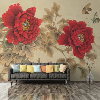 Özel Duvar Klasik Kırmızı Şakayık Duvar dekor boyama Çalışma Oturma Odası Yatak Odası fotoğraf arka fonu 3D Duvar Kağıdı Çiçek Papel De Pared