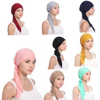 Kadınlar Katı Renk Bandana Şapka Eşarp Önceden Bağlı Müslüman Kemo Kap Bere Türban Şapkalar Kanser Hastaları İçin Bayanlar Turbante Şapkalar