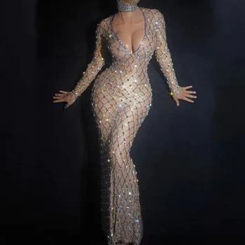 Kadınlar Seksi Sparkly Gümüş Kristaller Uzun Kollu Doğum Günü Elbise Akşam Kutlamak Kıyafet Streç Örgü Şeffaf Dans Elbise