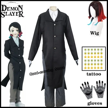 Anime iblis avcısı Kimetsu Hiçbir Yaiba Rüya Enmu Cosplay Kostüm Peruk Eldiven Üniforma Dövme Cadılar Bayramı Partisi Enmu Rol Oynamak Elbise