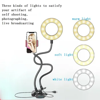 Uzun kol telefon Selfie tutucu 3 modu ışıkları halka profesyonel flaş dolgu ışığı USB klip kamera ayarlanabilir telefon standı masa lambası