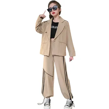 Çocuk Takım Elbise Kızlar için Blazer ve Pantolon Yüksek Kaliteli İki Adet Kostümleri İş Spor Takım Elbise Haki Rahat Resmi giyim setleri