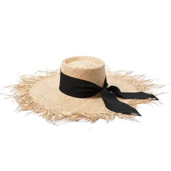 Klasik Kadın Saçaklı Geniş Ağızlı Hasır Şapka Siyah Geniş Şerit İlmek Rafya güneş şapkası Bayanlar Seyahat plaj şapkası Yaz Kova Şapka