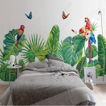 Iskandinav Tropikal Bitkiler Papağan duvar kağıdı Oturma Odası İçin Özel Duvar Kağıdı Suluboya El Boyalı Yapraklar Ev Dekor Duvar