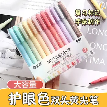 Silinemez boya kalemi seti sıcak renk çift başlı vurgulayıcı keçeli kalem eğik fiber ucu öğrenci boyama malzemeleri