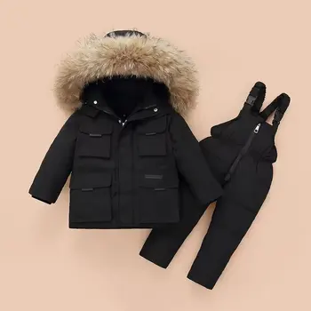 2 adet Set Bebek Erkek kış Tulum ve Aşağı Ceket Çocuklar için Kalınlaşmak Sıcak Kürk Yaka Parkas Kızlar İçin Bebek Parkas 0-4Year