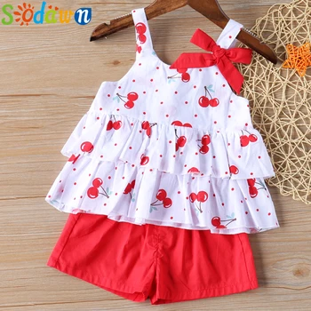 Sodawn Bebek Kız Giysileri Takım elbise markası YENİ Yaz Toddler Kız Giysileri Nokta Yay Yelek T-shirt + Şort Pantolon 2 Adet Set