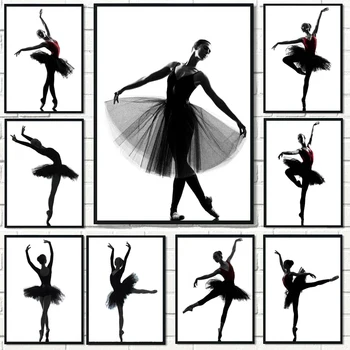 Modern Siyah Beyaz Bale Dansçısı Tuval Boyama Siluet Güzellik Kız Fotoğraf Sanat Baskılar ve Posterler Duvar Sanatı Resimleri Dekor için